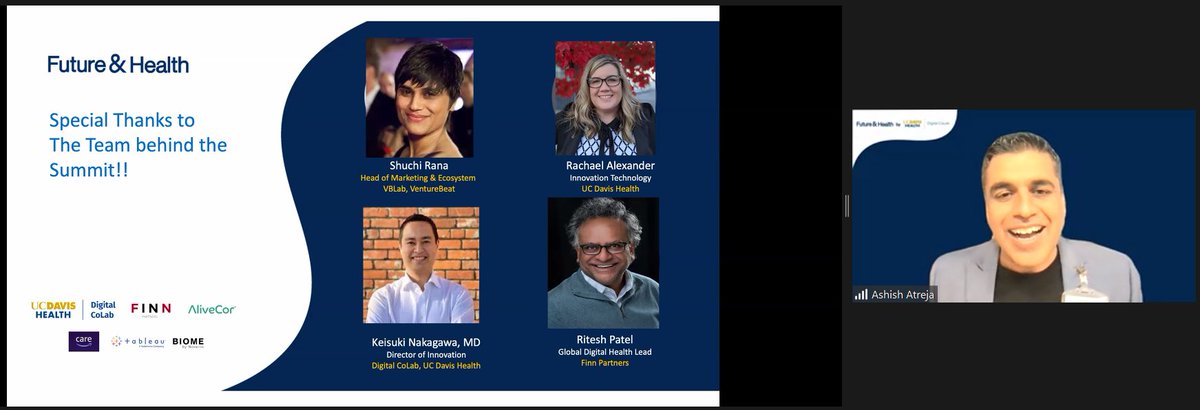UCDavisCoLab's tweet photo. And that's a wrap!!! 🙌🙌🙌
 #FutureandHealth #JPM2020
Thank you to all of our great speakers and to @atreja, @dlubarskymd, @ritters90, @autkast, @KeisukeNakagawa for hosting, moderating, and bringing the event together.
"This is just the beginning!" - @atreja @UCDavisHealth https://t.co/eLbtzR8eAg
