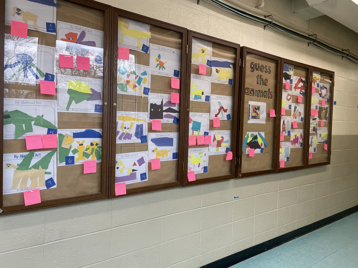eml8reducator's tweet photo. My first graders created abstract art. They were given construction paper &amp; a glue stick. No scissors allowed. They were told to make an animal. Now, their master pieces are displayed in the hallway along with post-it’s to guess the animal. My favorite thing to walk by! 😍 https://t.co/B3M37v1bzZ
