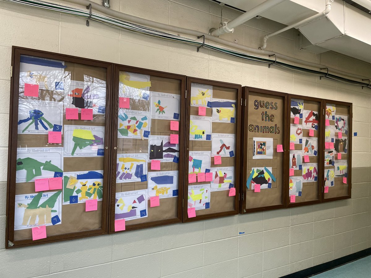 eml8reducator's tweet photo. My first graders created abstract art. They were given construction paper &amp; a glue stick. No scissors allowed. They were told to make an animal. Now, their master pieces are displayed in the hallway along with post-it’s to guess the animal. My favorite thing to walk by! 😍 https://t.co/B3M37v1bzZ