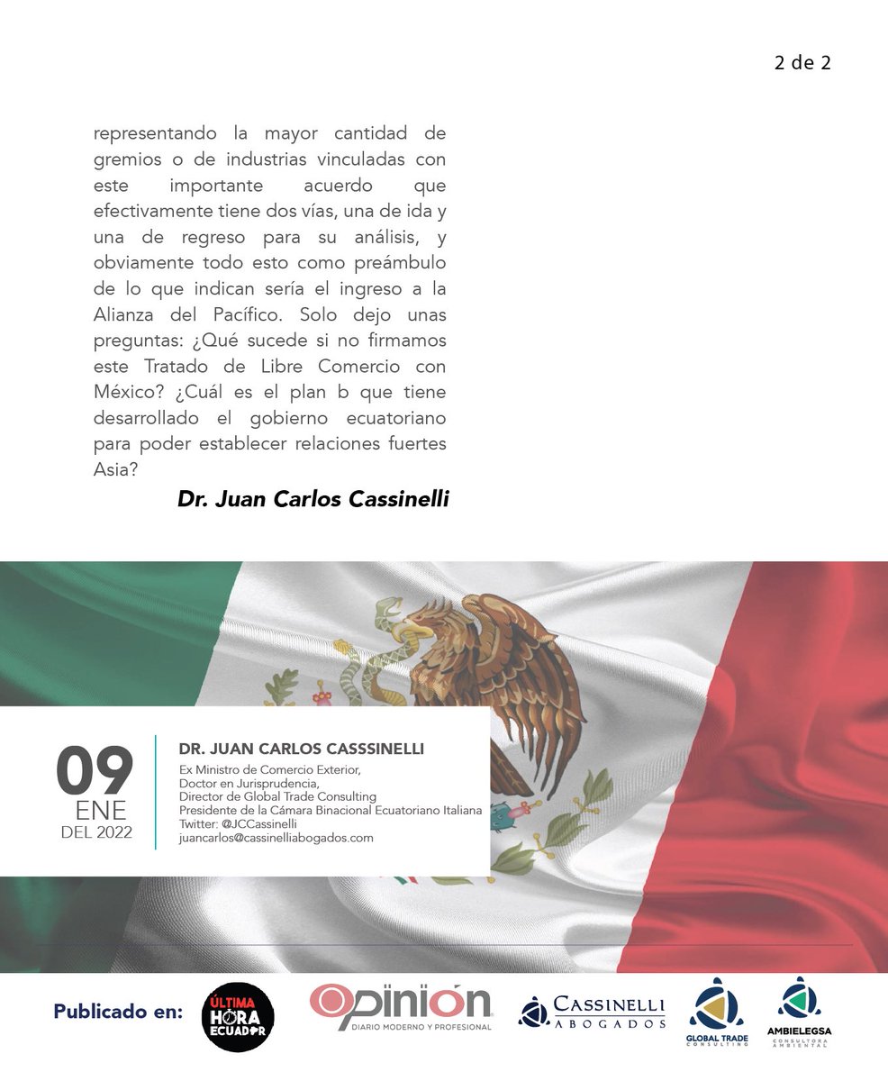 JCCassinelli's tweet photo. ¿Y si México no firma? Es el tema de mi nuevo artículo publicado en @ultimahoraEC @diariopinion @TradeEcuador @Ambielegsa @Globalminoil #Mexico #Ecuador #TLC https://t.co/Tr2INxLf4K