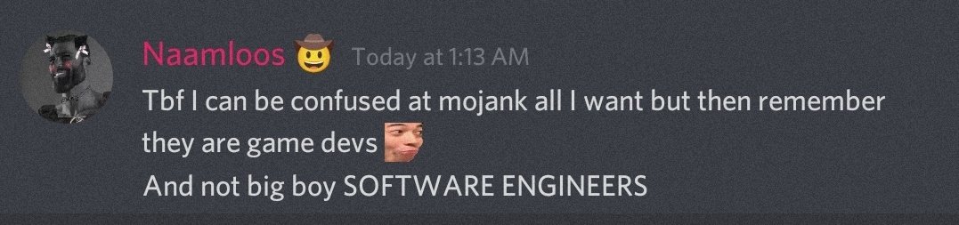 NaamloosDev's tweet photo. Just me throwing shade at Mojang's design decisions..

WHY DO THEY STORE WHITELIST USERNAMES WHEN THEY CAN CHANGE? LIKE THE UUID IS STORED TOO WHICH CAN NOT CHANGE ANYWAY

end of rant https://t.co/g3kjr85fxN
