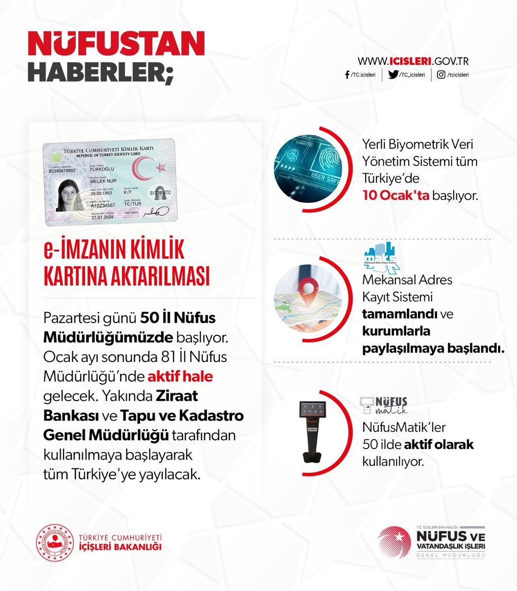 Kimlik kartına e-imza yüklenmesi İlimizde bugün başlıyor. İlimiz, ilçe Nüfus Müdürlüklerinde nüfusmatikler aracılığıyla yapılabilecektir. <a href="/sefikaygol/">Şefik AYGÖL</a> <a href="/ersinyazici1/">Ersin YAZICI</a> <a href="/TCNufus/">Nüfus ve Vatandaşlık İşleri Genel Müdürlüğü</a>  <a href="/AyeSerapGney1/">Ayşe Serap Güney</a>