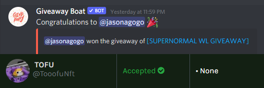 <a href="/zipcy8888/">SuperNormal(🍯)</a> *GIVEAWAY CLOSED*

The winners are for the Supernormal WLs are🥁..
<a href="/jasonagogo/">jasonagogo | ⌐🆇-🆇</a> &amp; <a href="/TooofuNft/">TOFU</a> !!!
🔥 Shoot me a DM on Discord or Twitter 🔥

We might have some more later... so stay tuned 😉

LFG #NFTGiveaways #NFTs #NFTartist #NFTCommumity #NFT #NFTprojects #Supernormal #omegaorcs
