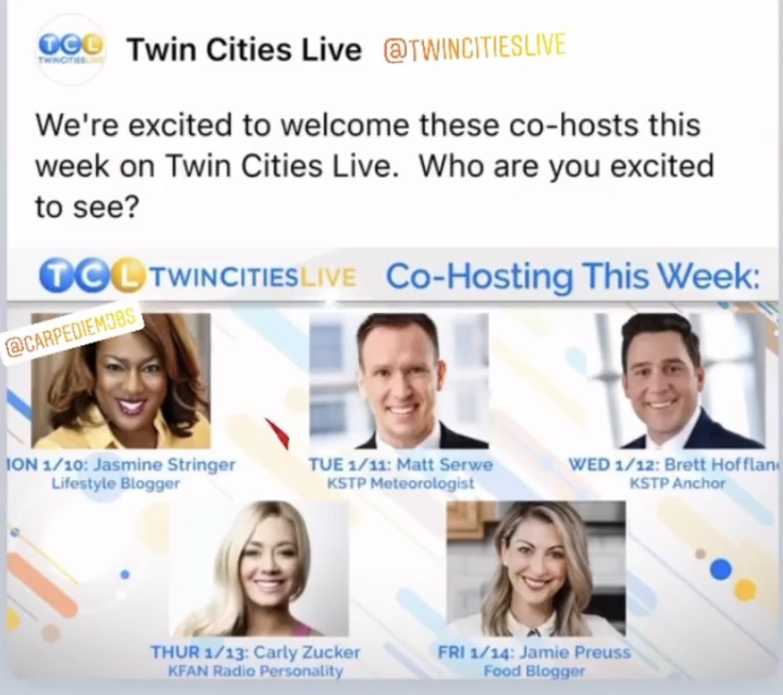 robynstevensPR's tweet photo. Turn in Monday as ⁦@CarpeDiemJBS⁩ Jasmine Stringer will be co-hosting ⁦@twincities_live⁩ thank you Twin Cities Live ⁦@KSTP⁩ Woohoo! ⭐️🎉😄✨🌟so thrilled &amp; proud #GoJasmine 💙💛 https://t.co/tBD0dKnFij
