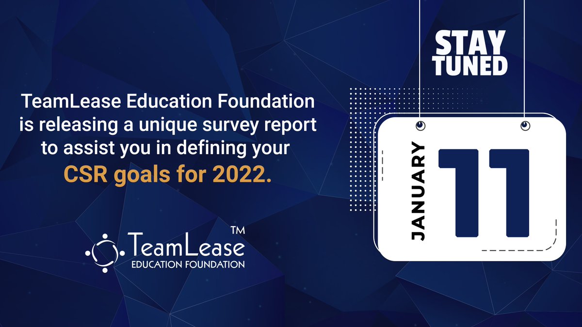 TLEFoundation's tweet image. The TeamLease Education Foundation will be releasing a comprehensive report which will help you to redefine your CSR goals for 2022. Stay tuned to our page for more updates!

#CSRCompliance #CSRgoals #CSRFunding #CSRspends
#CSR #CorporateSocialResponsibility #ScalingCSR
