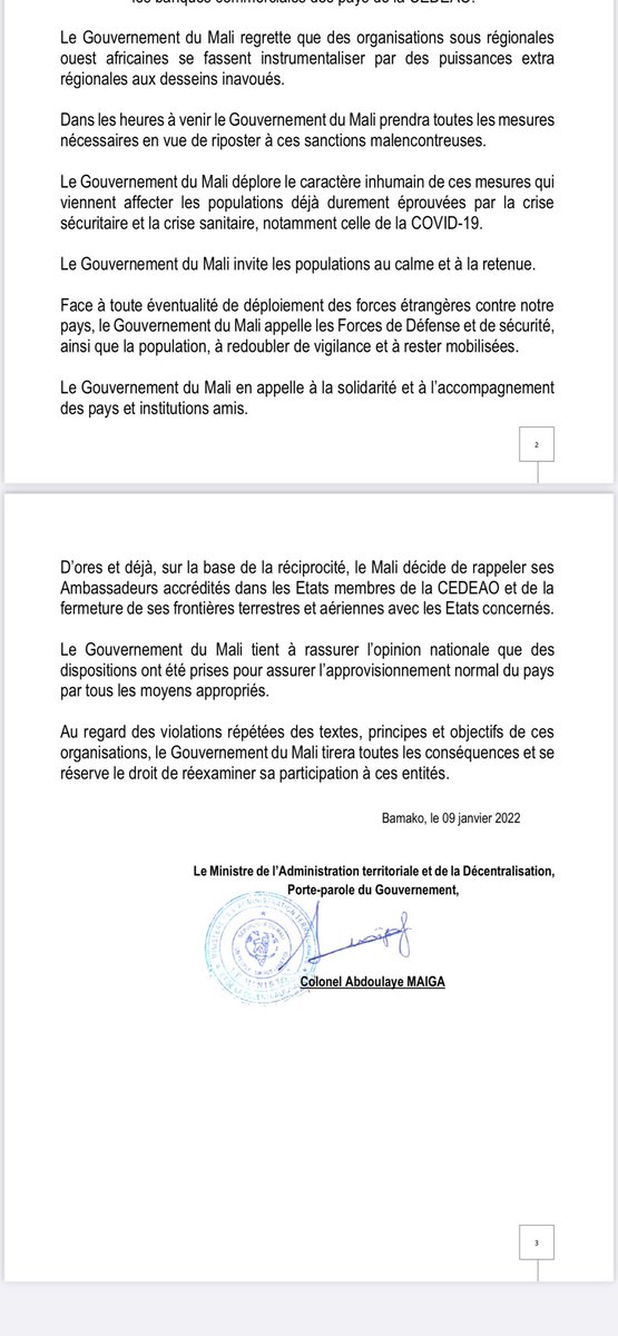 Le gouvernement du Mali communique et rassure face aux sanctions conjointes illégales et illégitimes UEMOA CEDEAO. Retrouvez l’intégralité du communiqué