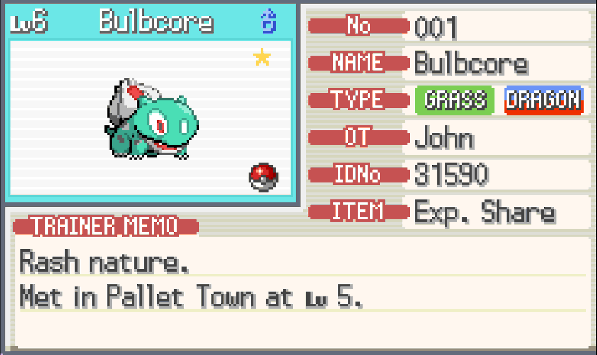 AngelDraws28's tweet photo. Just started Pokemon Fused Dimensions and right out the gate without even trying got a shiny starter. i was like "what? I wasn't even trying for a shiny.." here is screenshot. #Pokemon #RomHacks #GBA #ShinyPokemon #PokemonFusedDimensions https://t.co/dJVwAIaYd3