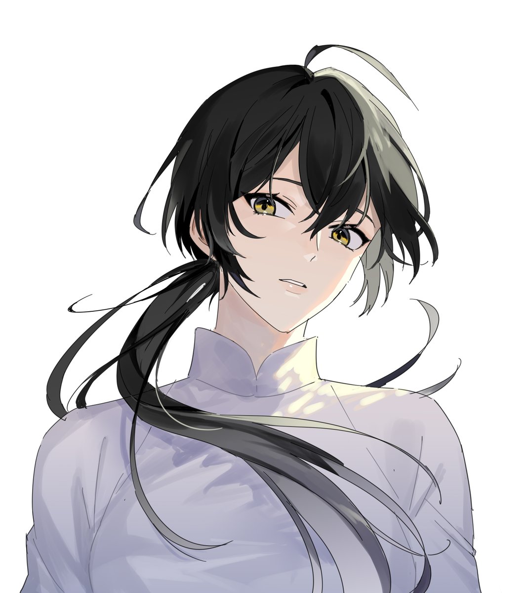 solo black hair white background long hair yellow eyes 1boy male focus  illustration images