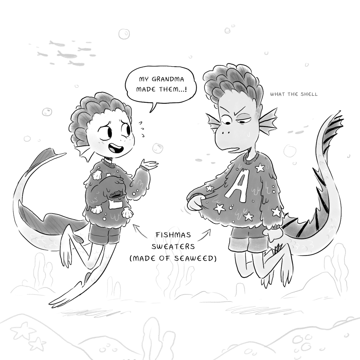 was goofing around with "fishmas" doodles months ago and didn't finish them until now. belated happy fishmas holidays~ 🐟⭐️✨