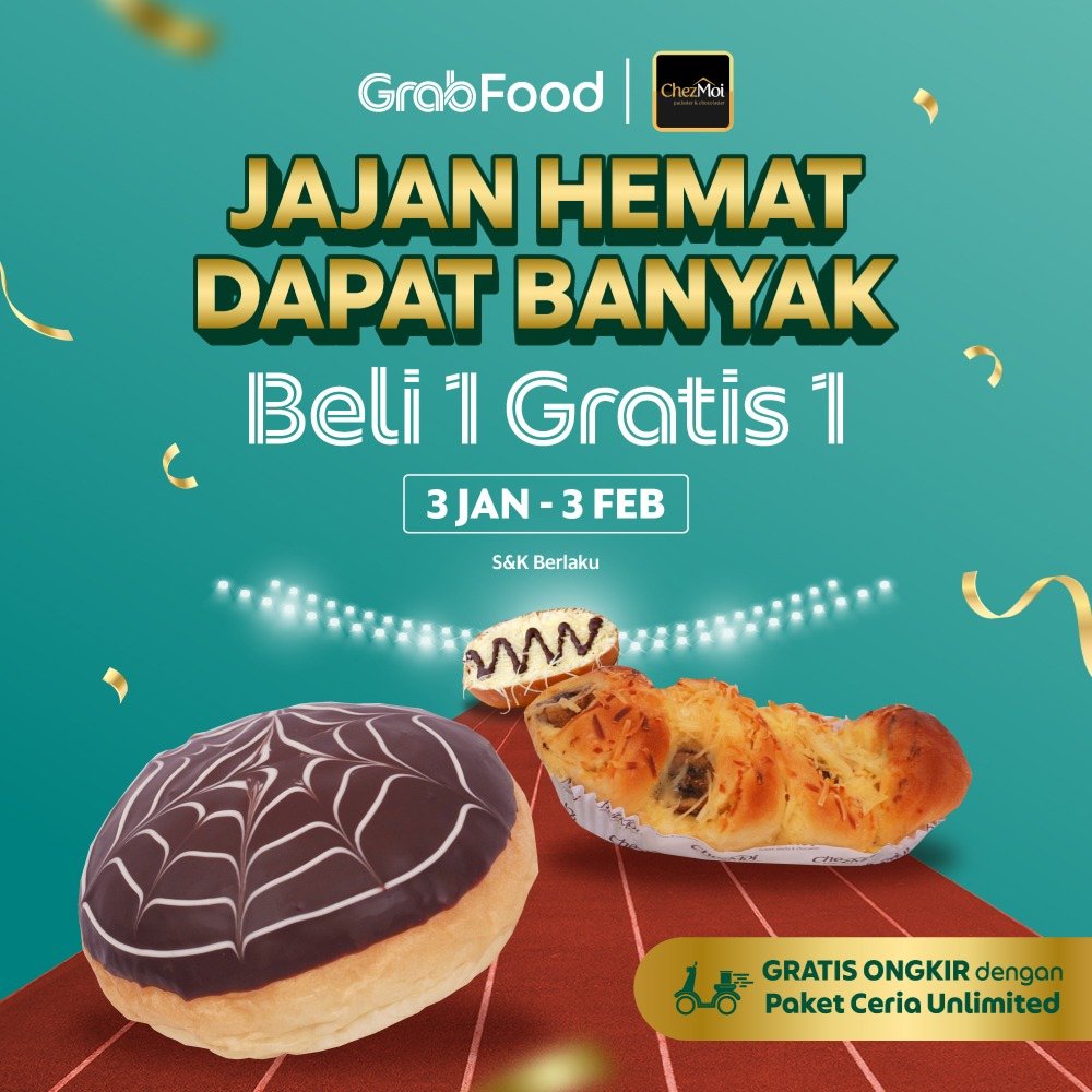 ChezMoipastry's tweet photo. Kabar Gembira!!!
Spesial di tahun yang baru, kini ChezMoi kasih promo spesial BUY 1 GET 1 FREE. Periode berlaku 3 Januari sampai 3 Februari 2022. Tunggu apalagi segera pesan @chezmoipastry melalui aplikasi @grabfood. Tunggu pesananmu datang! #ChezMoiPastry https://t.co/0R3Fjw5WM9