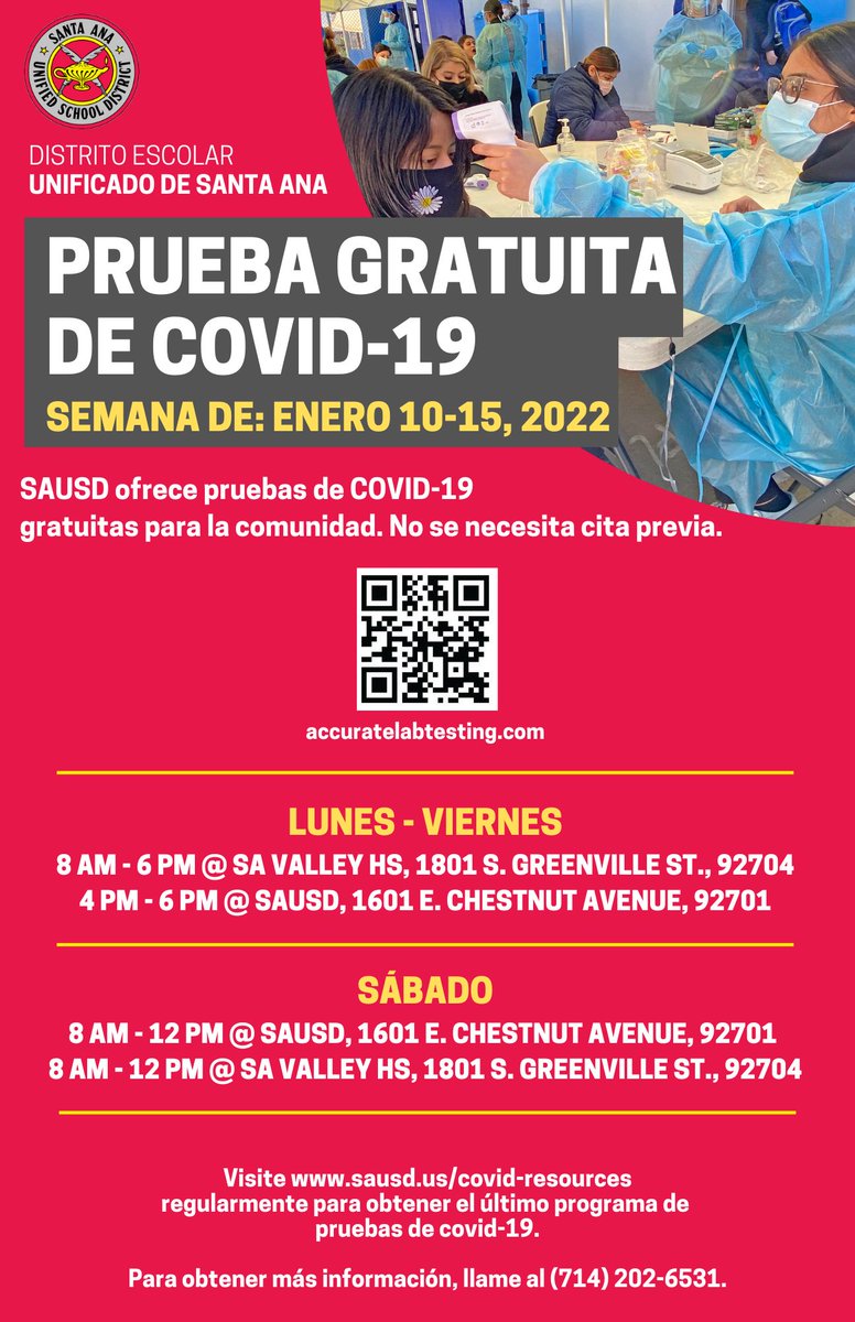 #SAUSD this week is continuing free Covid-19 testing for the community at various locations. Check the attached flyers for details on clinics for Jan. 10-15. 
#SAUSDStrong #BetterTogether
