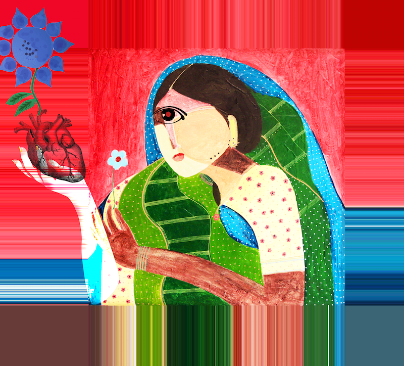 Indian {Mona} Lisa Series  (100 paintings)
by Sid K

"I grow my flowers in my heart" 2022, Sid Katragadda
3200 × 3264 px acrylic/ink/digital painting