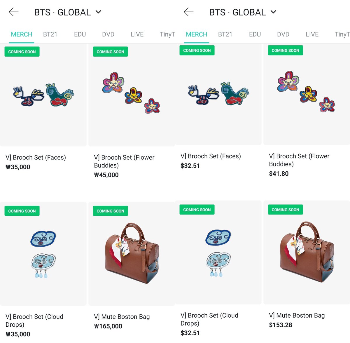 🥢BTS ⟭⟬ Merch⁷⟬⟭🔍⍤⃝🔎 on X: ARTIST-MADE COLLECTION BY #BTS - V ver.  🙂🌼🌧BROOCH SET 👜MUTE BOSTON BAG - Pre-order Jan 11 at 11am KST - Limit 2  pe