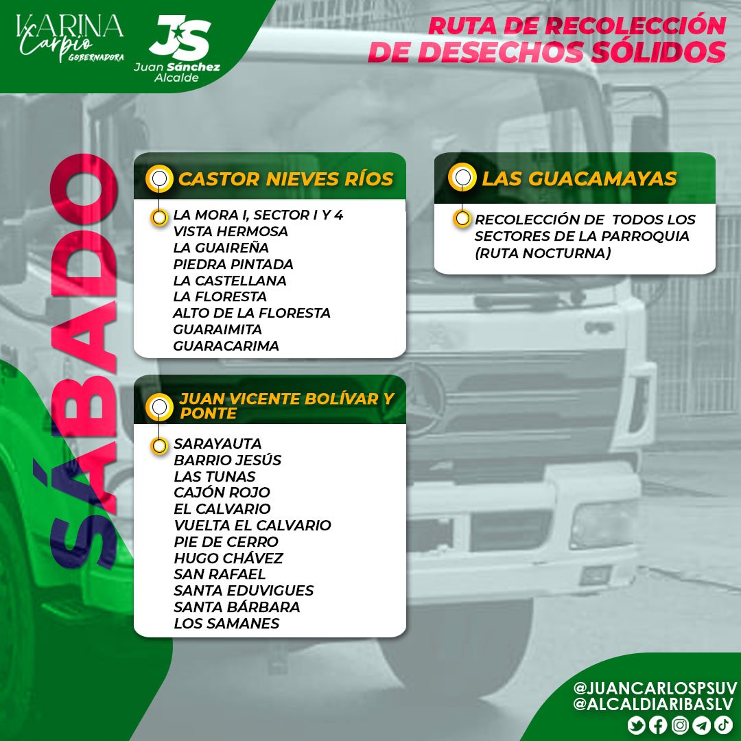 AlcaldiaRibasLV's tweet photo. #15ene Cronograma de IMAUR para la recolección de desechos sólidos para hoy sábado.
@juancarlospsuv https://t.co/0Rs6RMY2Jm