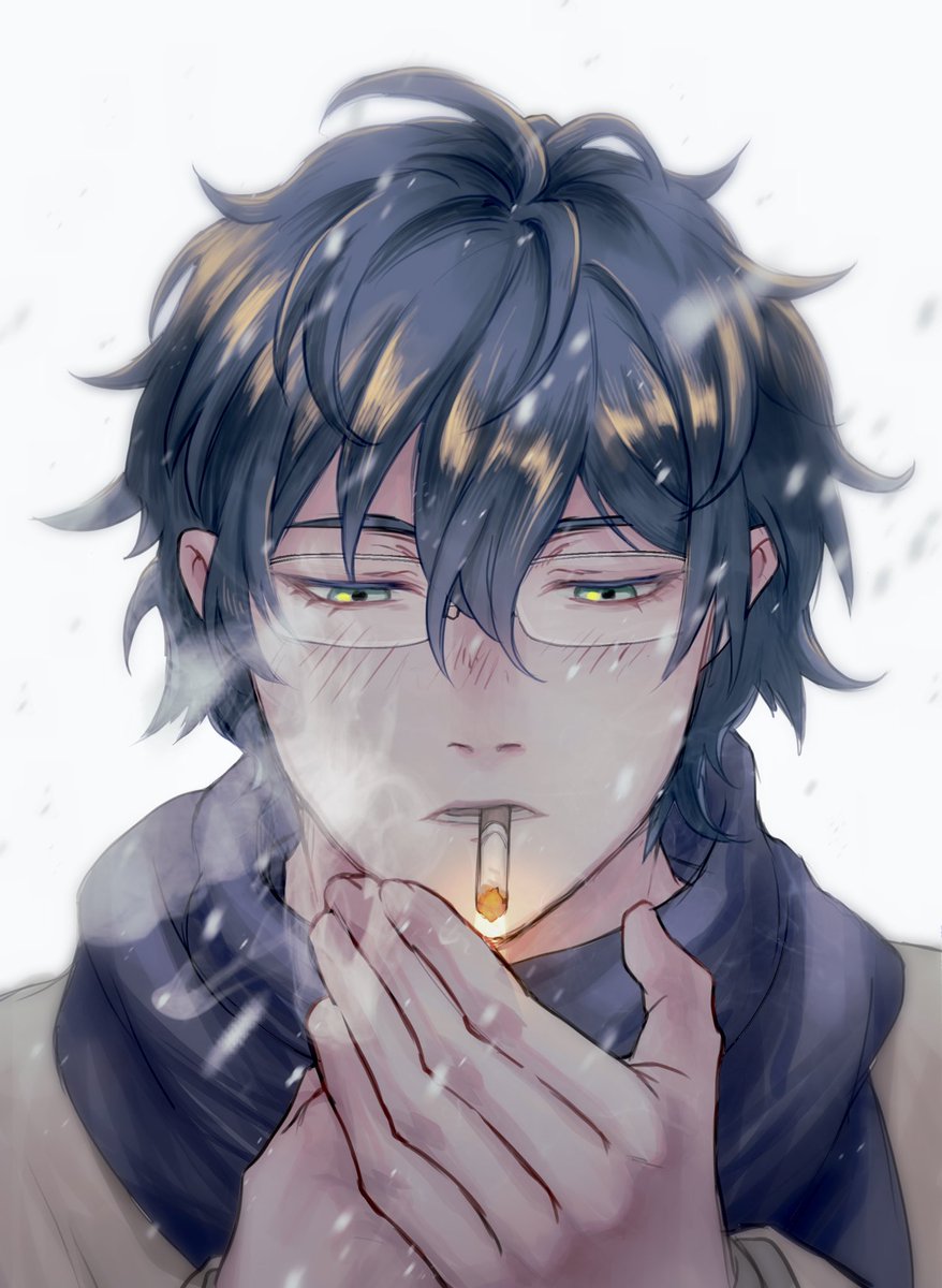1boy cigarette male focus smoking scarf solo green eyes  illustration images