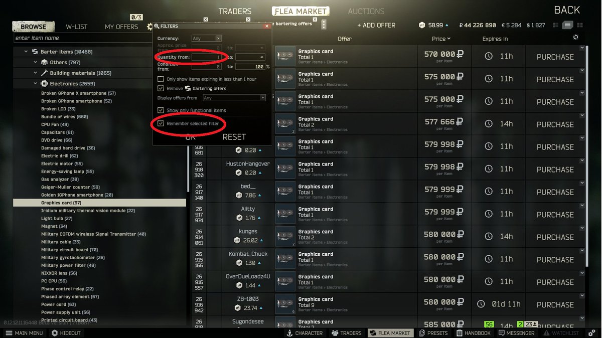 RengawrLoL's tweet photo. PSA if the "out of stock" on the flea market is driving you crazy you can set "minimum quantity" to 1 to hide them all then save the filters.

#EscapefromTarkov https://t.co/uhMrPIEAr2