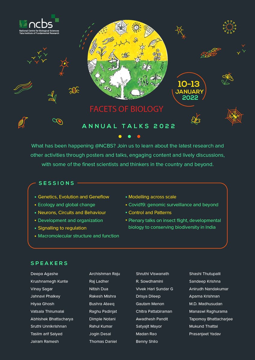NCBS_Bangalore's tweet photo. What’s better than starting the week with a celebration of #science? This week NCBS will be hosting the 'Annual Talks 2022 - Facets of Biology', showcasing the recent #research brewing in our campus! Stay tuned for some highlights over the next four days! https://t.co/obsnZmLuaU