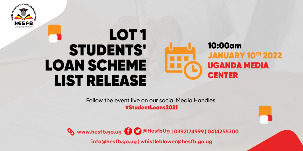 #Breaking: The List Students' Loan Scheme Beneficiaries for the AY2021/22 (Lot 1) is scheduled to be released at the @UgandaMediaCent at 10:00AM this morning Follow the events live on all our social media handles. 🙏🙏🙏 @Educ_SportsUg @GCICUganda @DuncanAbigaba @JanetMuseveni