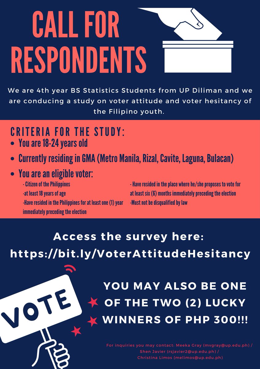 rshenjavier's tweet photo. Hello!

We are inviting all eligible voters aged 18-24 living in the Greater Metro Manila Area (Metro Manila, Bulacan, Rizal, Laguna, Cavite) to answer our survey.

You may access the form at https://t.co/bj7OKXjrBq.

Thank you! https://t.co/FFauJDbF3e