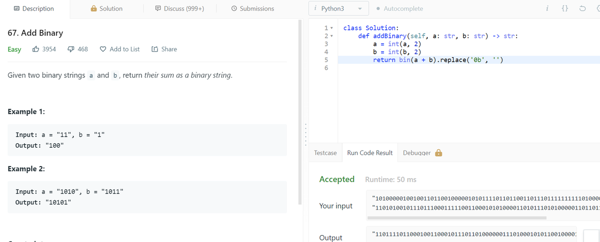 zenemm_'s tweet image. Leetcode 67:
Pretty straightforward, had a slight problem when I tried to do it with javascript, it added extra 0's at the end of the result. Switched to python and it worked better, maybe python is better with binary numbers?
#100daysofcode #codesolution