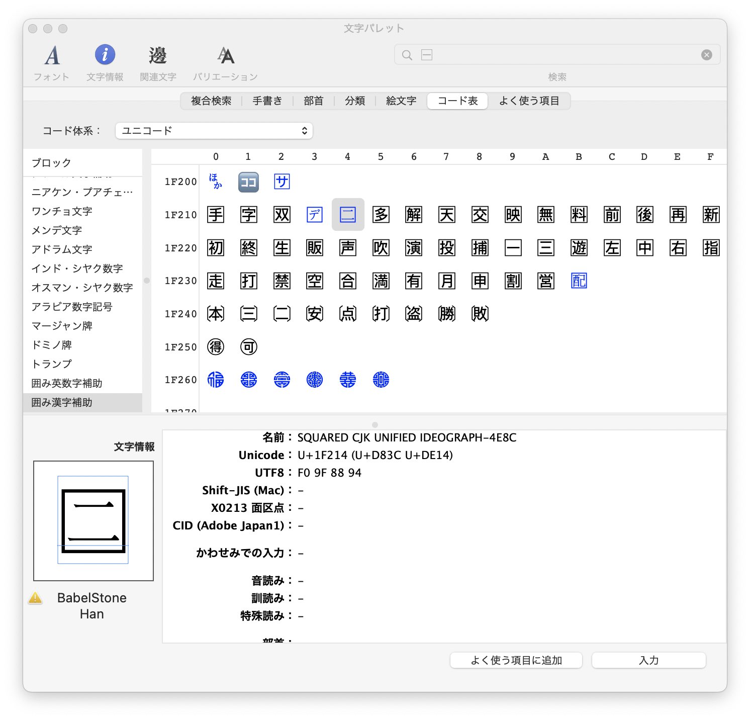 Meme Meme Iphoneも搭載している中文フォント 蘋方 は 囲み漢字補助ブロックにあるarib外字の囲み漢字をなぜかカバーしているけれど がどういうわけか漏れている 図は かわせみ3 の文字パレット 青字は指定フォント 蘋方 にないフォールバック