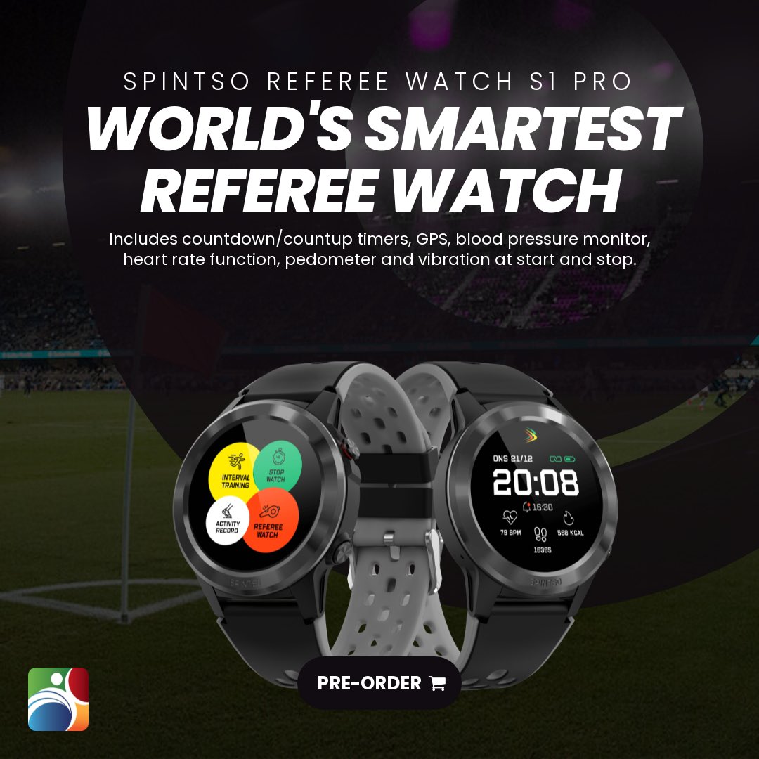 ProReferee's tweet image. Pre-order the new SPINTSO Referee Watch S1 Pro! Classic design meets modern technology. Includes countdown/countup timers, GPS, blood pressure monitor, heart rate function, pedometer, vibration at start and stop, and USB charging. proreferee.com/spintso-refere… #soccerreferee #referee