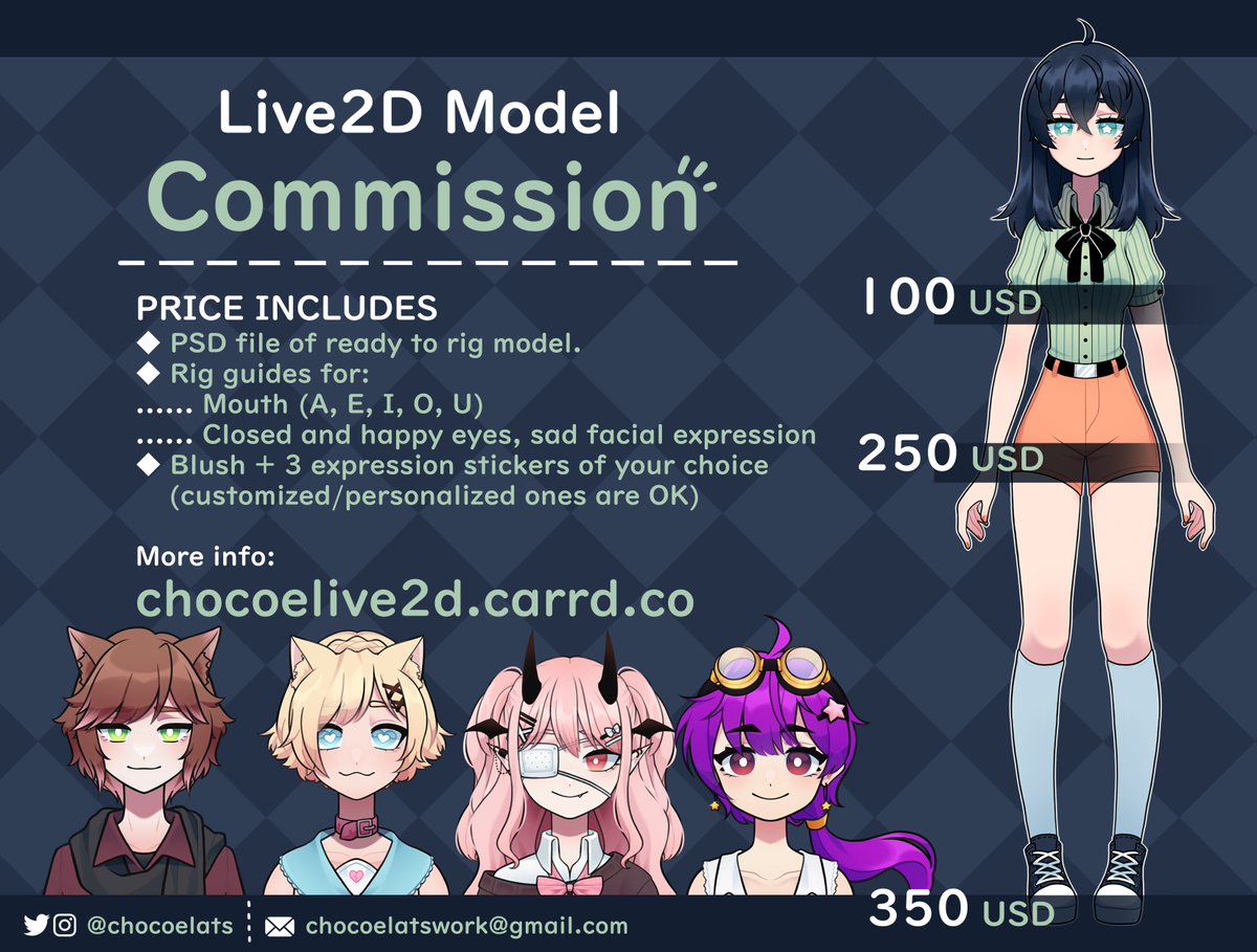 ◆ Live2D Model Commissions ◆ 

Open once again with 3 slots available!! ^^

More Info: chocoelive2d.carrd.co
Form: forms.gle/WRSduX7XzbrJb6…

#live2dcommission #vtubercommissions #vtuber