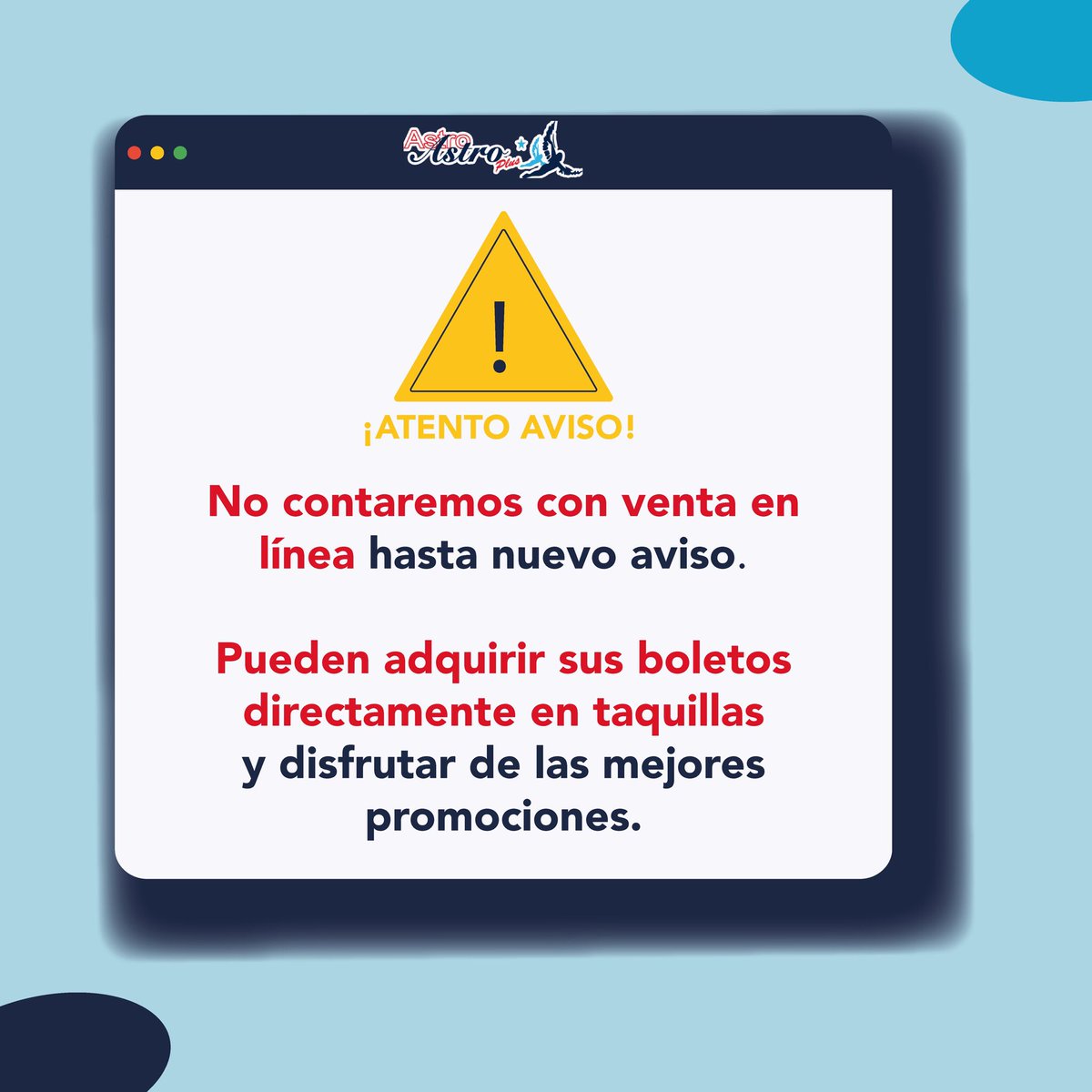 BusAstroPlus's tweet photo. ⚠️Aviso Importante⚠️ Les comunicamos que no tendremos venta en línea hasta nuevo aviso, pueden adquirir sus boletos directamente en taquillas y disfrutar de las mejores promociones. https://t.co/fh1siK4dL6