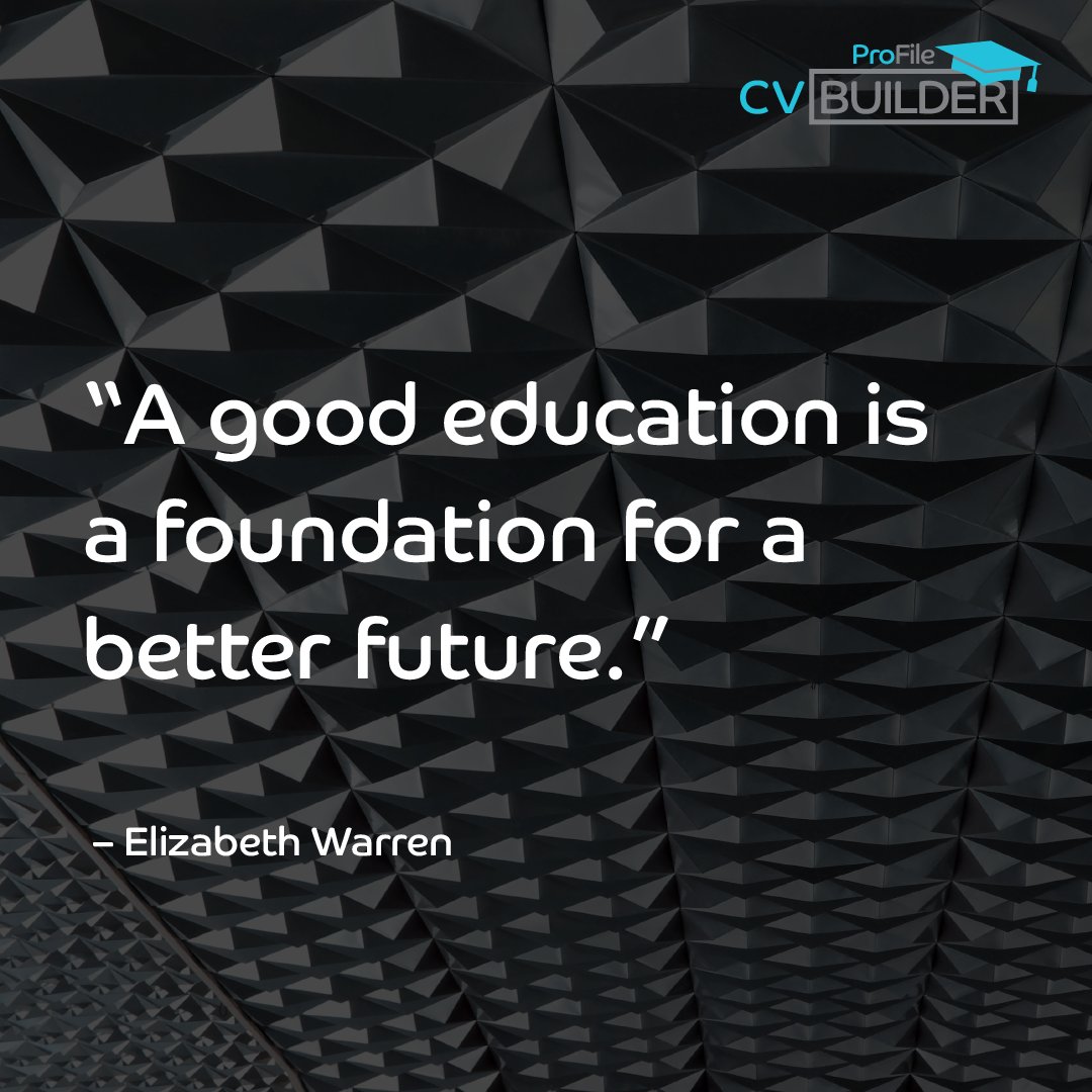 cv_profile's tweet photo. “A good education is a foundation for a better future.” 
- Elizabeth Warren.

#findajob #jobssaveslives #skills #booktraining #training #trainingcourse #unemployment #cv #freecv #certificate #professionalcv #sakhaisizwe #upskill #employment #opentowork #learning https://t.co/xBexJihtQo