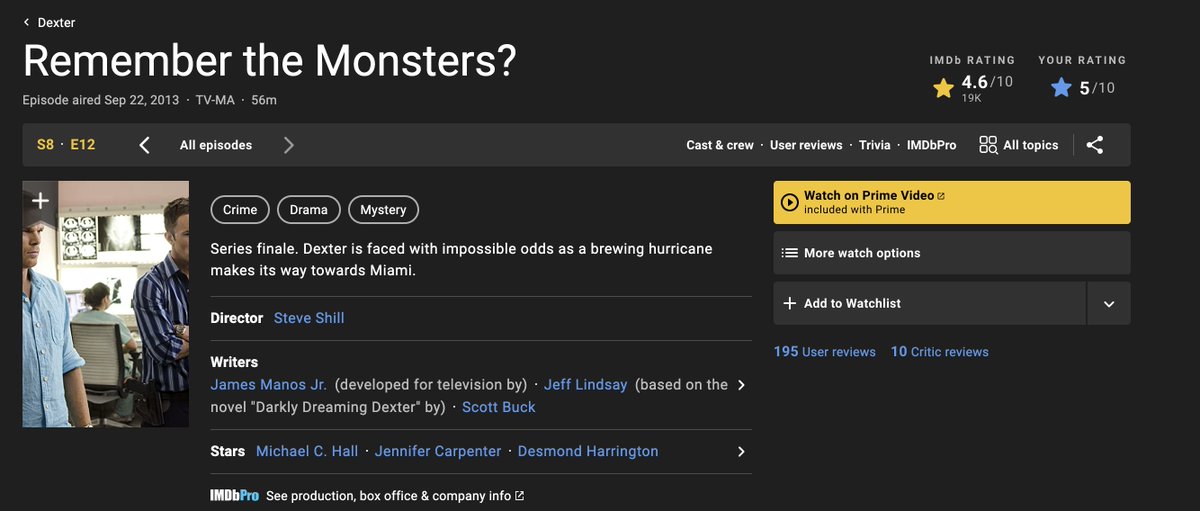 jackalter's tweet photo. Everyone go on IMDb and give Dexter new blood episode 10 a 1 star. We need to make it get rated worse than the season 8 ending. We are .1 star away and we need to let the writers know what pricks they are. https://t.co/rcdBzOYgqW