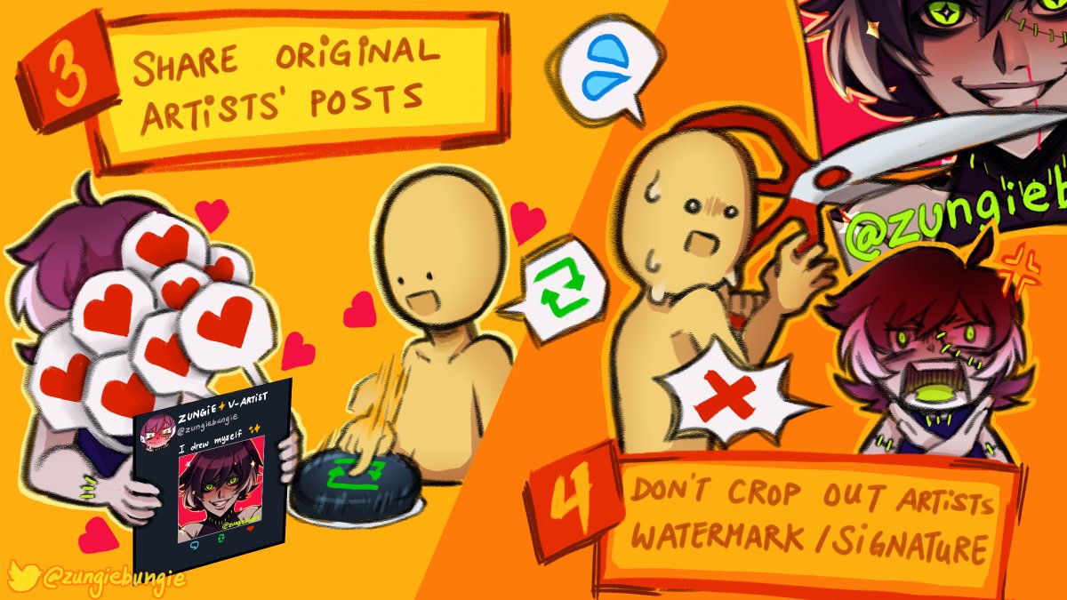 Zungiebungie's tweet photo. Gave the little PSA an update and tried to make a quick little comic

Friendly zombie reminder that crediting the artists helps support them as it guides others to their portfolios and artworks, and these are some ways to do so

[[ RT appreciated ]] https://t.co/3oiBiksTqk