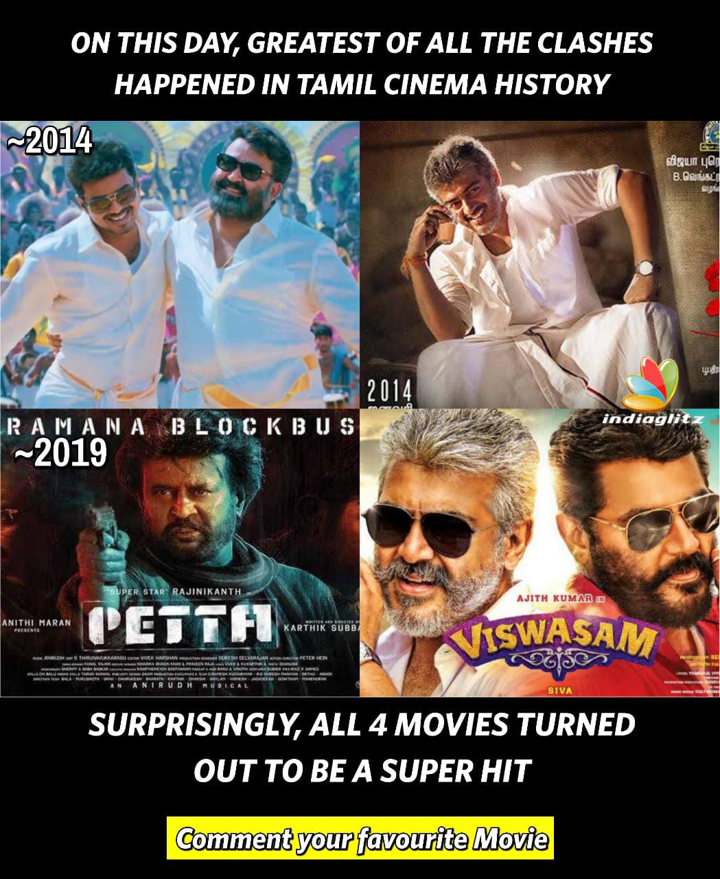 Kannan on X: Biggest clash in Tamil cinema history: #Viswasam v/s #Petta  confirmed on Jan 10th! King of Opening all set to take head on against King  of Box-office!! #UltimateStarAjith #SuperStarRajni #PettaParaak #