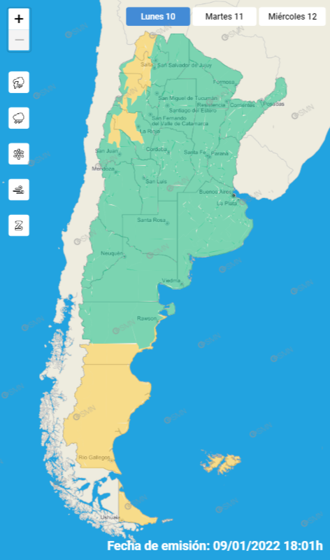 meteoenbsas's tweet photo. 10-01-21:
las zonas marcadas en la PATAGONIA es el nivel de alerta por VIENTOS (velocidades entre 45 y 65 km/h con ráfagas de 100 km/h);
las zonas marcadas en el NOROESTE es el nivel de alerta por TORMENTAS (algunas pueden ser fuertes con acumulados entre 20 y 40 mm). https://t.co/PNqohEDZl5
