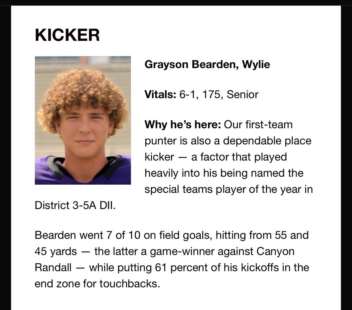 GraysonBearden1's tweet photo. Extremely blessed to be named first team All-Big Country punter, as well as second team kicker! Thank you to all my teammates and coaches I couldn’t do what I do without you guys. special thank you to my holder @KincaidAden14 and LS @Jrut928 your hard work has not gone unnoticed. https://t.co/CuBvnmqyvl