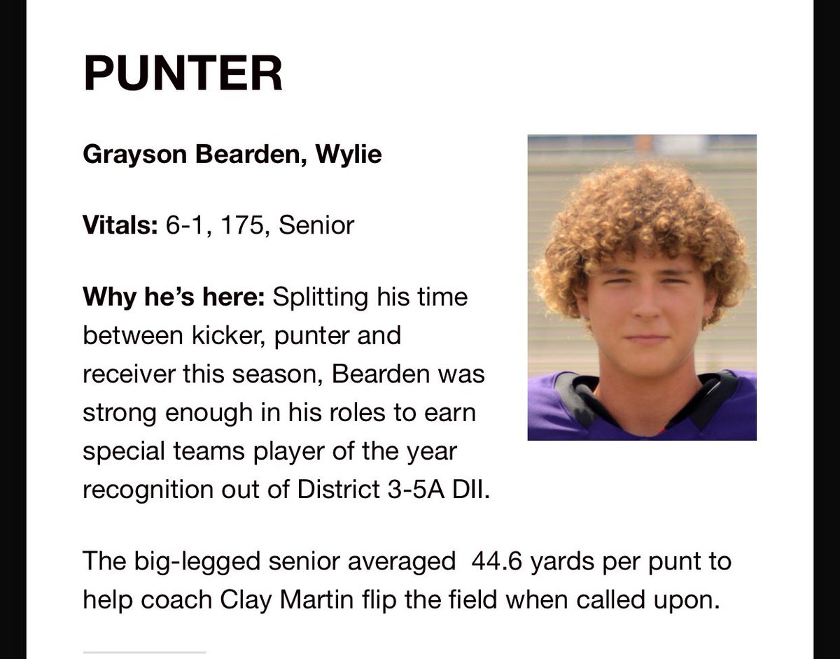 GraysonBearden1's tweet photo. Extremely blessed to be named first team All-Big Country punter, as well as second team kicker! Thank you to all my teammates and coaches I couldn’t do what I do without you guys. special thank you to my holder @KincaidAden14 and LS @Jrut928 your hard work has not gone unnoticed. https://t.co/CuBvnmqyvl