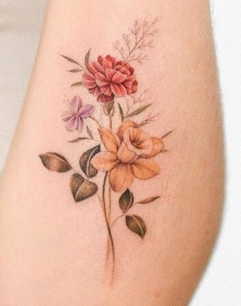Just got my third tattoo Theyre birth flowers for my children Daffodil  gladiolus and French marigold  rTattooDesigns