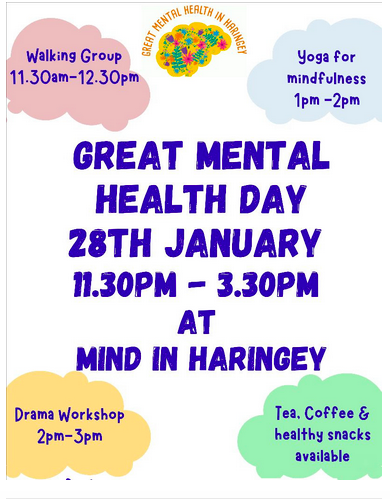 MindinHaringey's tweet image. We aspire as always to make a positive impact on mental health in Haringey. 

Join us at MIH on Fri 28th Jan at 11.30am for a day of fun filled activities to support mental well-being.

To express interest in joining us or if you have any questions email: activities@mih.org.uk