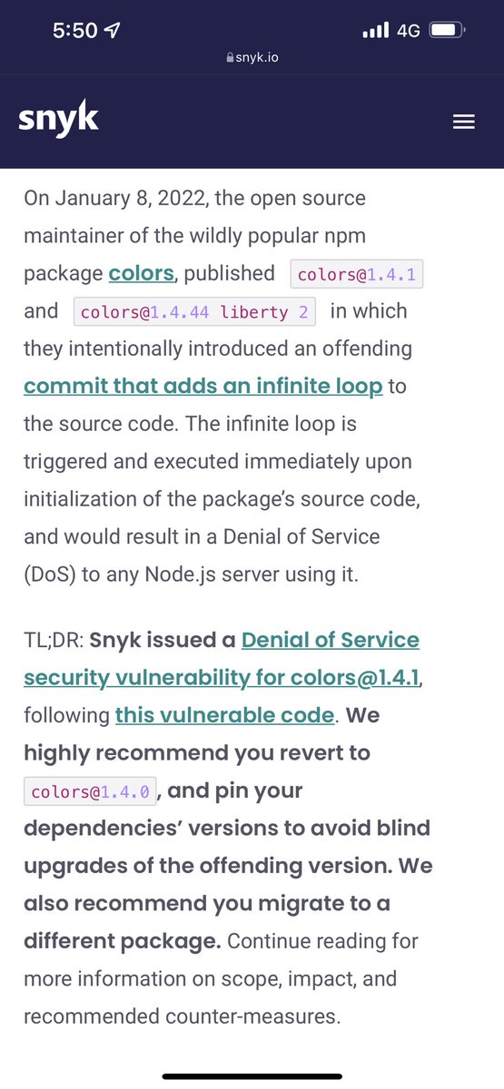 swyx's tweet image. News: Marak adds an infinite loop to break the `colors` package, to protest lack of open-source funding. This follows the faker.js issue.

The message is marred by troll behavior, adding zalgo text and tagging notable maintainers with disingenuous spam.

snyk.io/blog/open-sour…