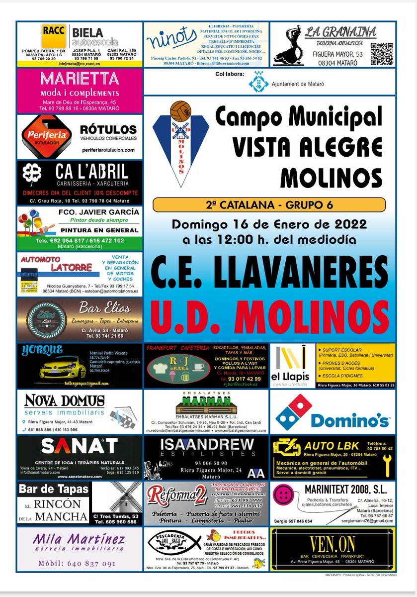 UDMOLINOS1965's tweet photo. PARTIDAZO de la semana!!
2a Catalana
Grupo 6
U.D.Molinos
vs
@CELlavaneres
Domingo 16/01/2022
12:00 h
Mpal de Vista alegre - Molinos.
Vamos a continuar sumando, ven a animar a tu equipo. Somos UDM!!!
@EsportiuMaresme        @parlemdesports https://t.co/KPMrTHX6Y4