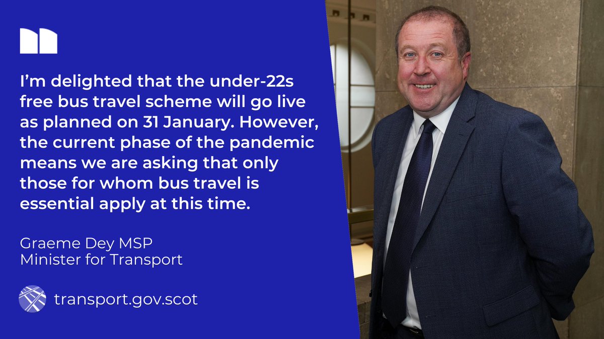 Transport Scotland (@transcotland) on Twitter photo Applications are open for 5-21 year olds living in Scotland to access #FreeBusTravel.
Due to the pandemic, the focus will be on young people who need to make essential journeys.
<a href="/GraemeDeyMSP/">Graeme Dey</a> says the approach puts public health first.
Read more ➡️ bit.ly/3JTKjFR Applications are open for 5-21 year olds living in Scotland to access #FreeBusTravel.
Due to the pandemic, the focus will be on young people who need to make essential journeys.
<a href="/GraemeDeyMSP/">Graeme Dey</a> says the approach puts public health first.
Read more ➡️ bit.ly/3JTKjFR