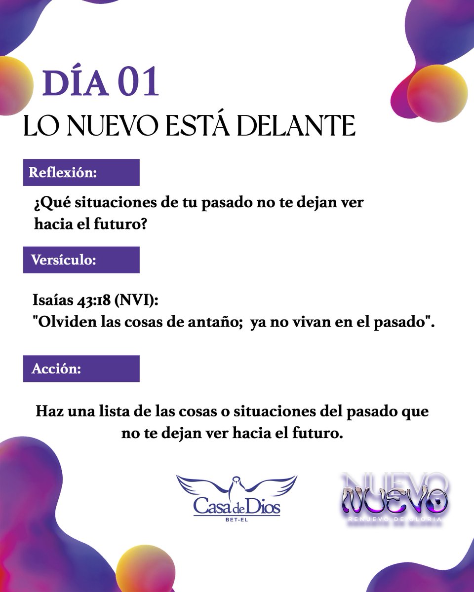 LO NUEVO ESTÁ DELANTE
 
¿Qué situaciones de tu pasado no te dejan ver hacia el futuro?

Isaías 43:18 (NVI): "Olviden las cosas de antaño; ya no vivan en el pasado".

Haz una lista de las cosas o situaciones del pasado que no te dejan ver hacia el futuro.