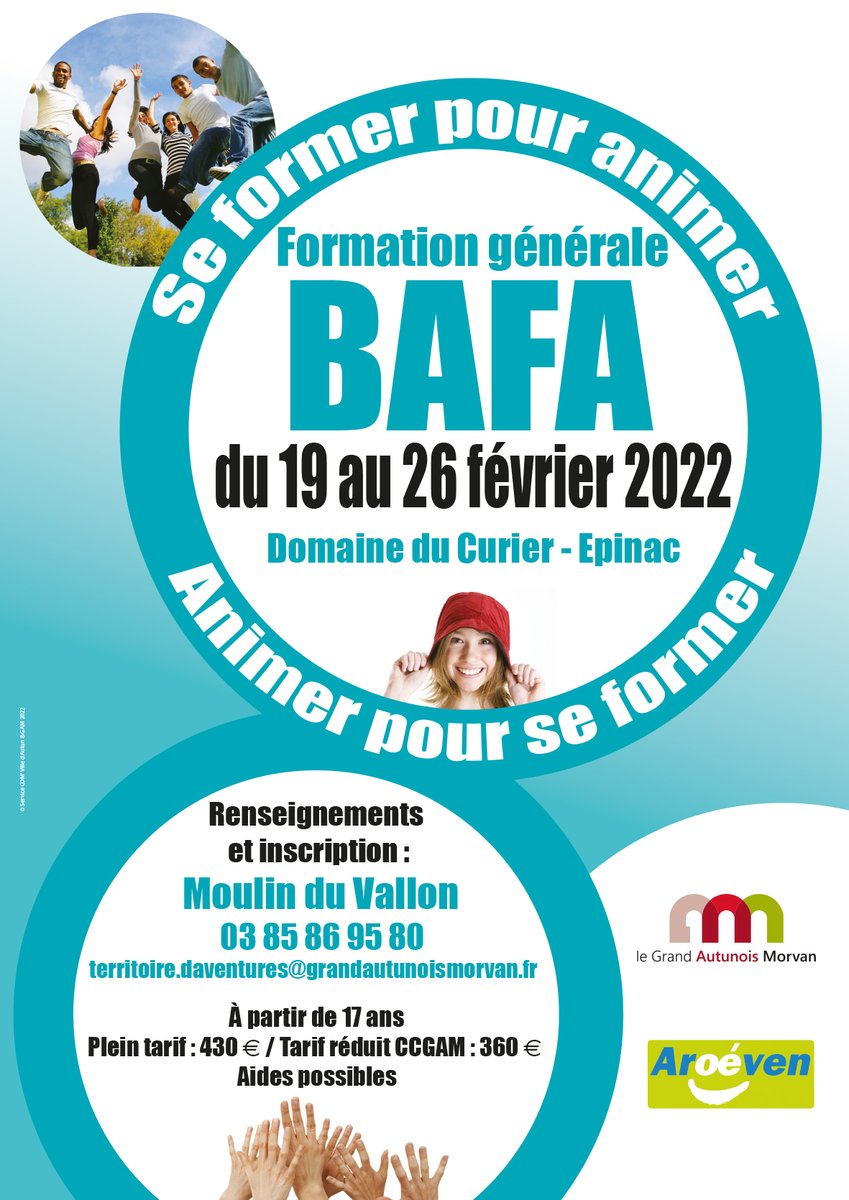 [BAFA 2022]
Le Grand Autunois Morvan organise une formation BAFA en 2022.
Infos et inscriptions au Moulin du Vallon : 03 85 86 95 80 
Formulaire d'inscription téléchargeable sur bit.ly/3HKb9hy