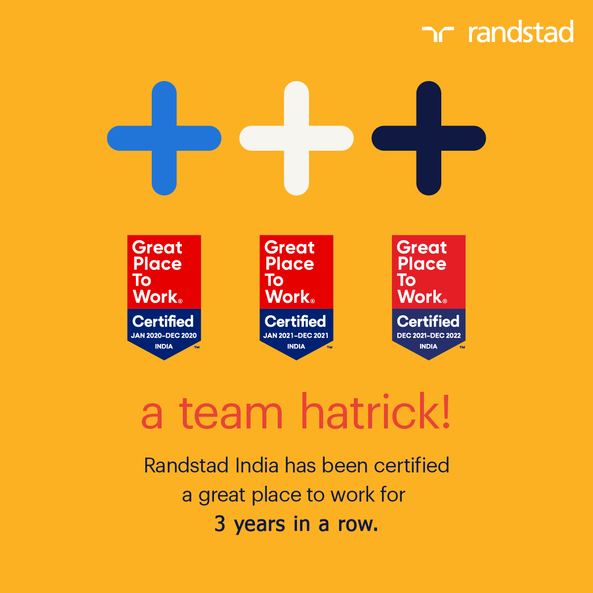 Immensely pleased to be recognized and re-certified for being A Great Place to Work, not once or twice but THRICE is definitely a thrilling way to ring in the new year!
 A true testimony of our efforts to establish ourselves as a workplace of choice. #prepareforglory.