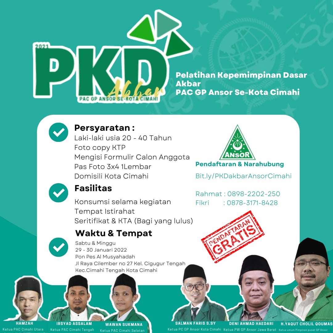 Open Recruitmen Penerimaan Anggota Baru GP Ansor Kota Cimahi.
Pendaftaran Online Klik Link dibawah ini :
Bit.ly/PKDakbarAnsorC…

Go go go jangan sampai ketinggalan.