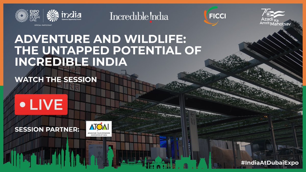 Find out what India is doing right to become the Adventure Tourism capital of the world, at this session on Adventure &amp; Wildlife: The Untapped Potential of #IncredibleIndia at #IndiaPavilion. 

Watch Live: youtu.be/1yN9CYYD5aw

#Expo2020Dubai #IndiaAtDubaiExpo #InvestIndia