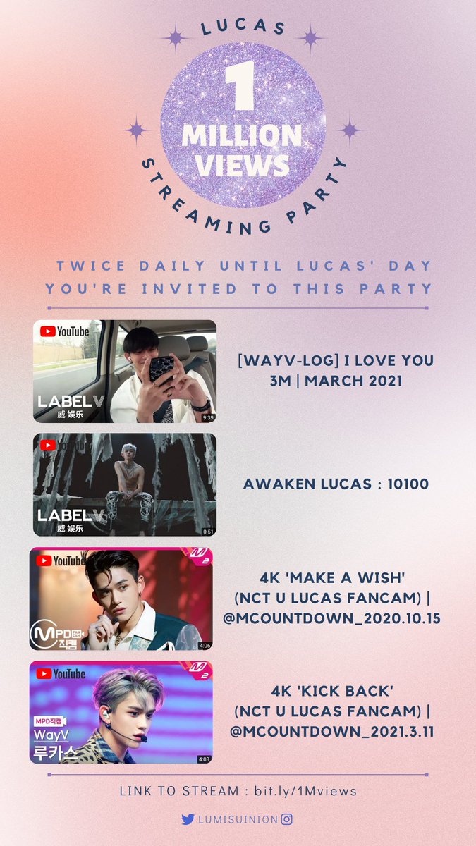 [LUMIS STREAMING PARTY]

Lumis let's keep streaming until #LUCAS day 🥳 Qrt/reply with your screenshots today + mention your 5 friends to stream💛

🖇bit.ly/1Mviews 

#LUCAS #루카스 #黄旭熙