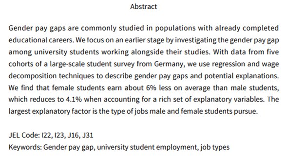 P David Boll (@pdavidboll) on Twitter photo Is there a gender pay gap among university students working alongside their studies?
Yes there is, I find with @LukasMergele and <a href="/LarissaZierow/">larissa_zierow</a> <a href="/ifo_Education/">ifo Education</a> in our new ifo WP.
ifo.de/publikationen/…
(1/5) Is there a gender pay gap among university students working alongside their studies?
Yes there is, I find with @LukasMergele and <a href="/LarissaZierow/">larissa_zierow</a> <a href="/ifo_Education/">ifo Education</a> in our new ifo WP.
ifo.de/publikationen/…
(1/5)
