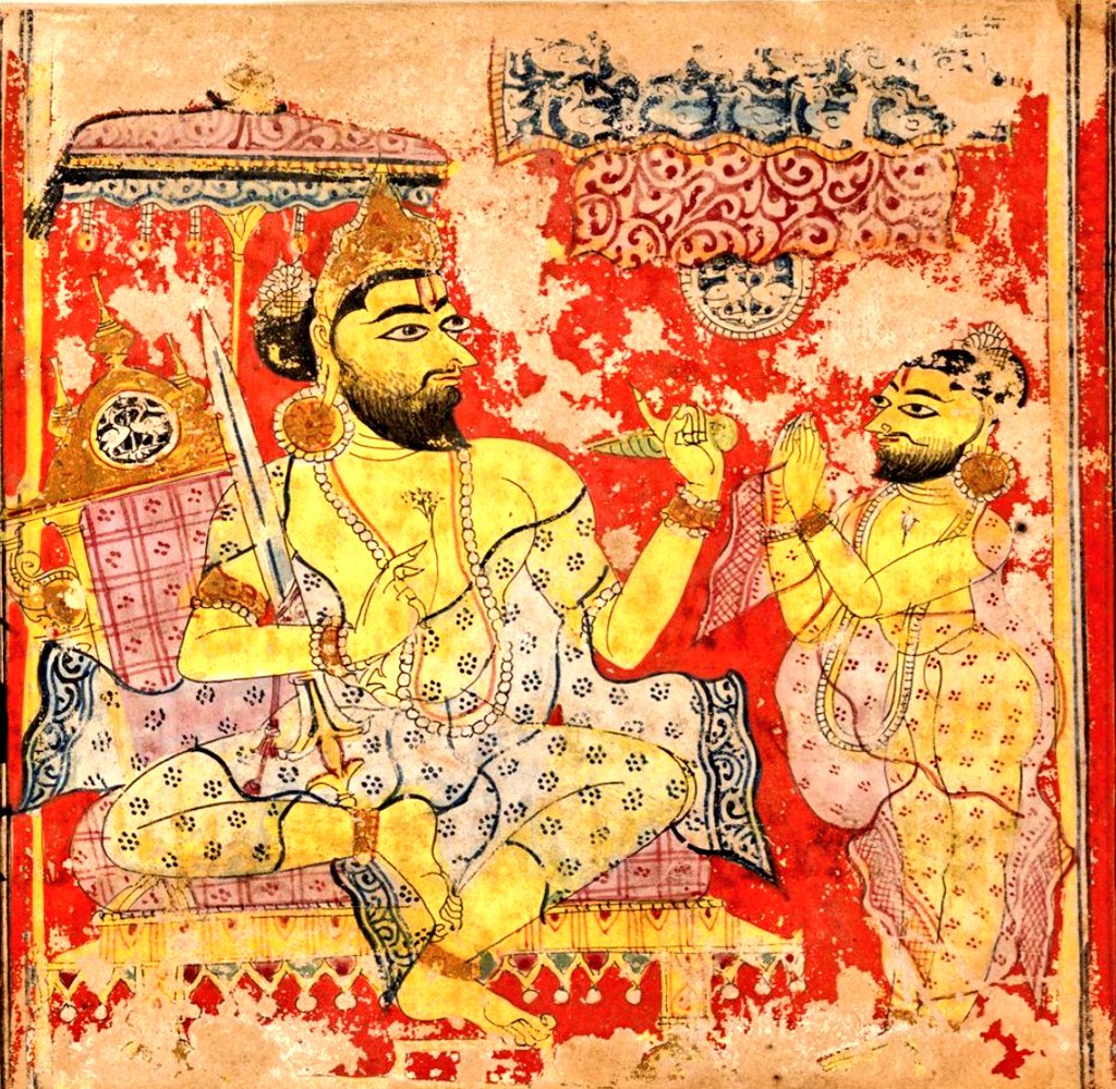 King Siddhārtha depicted in #Jain Kalpasūtra Miniature painting (14th century).

The royalty is highlighted by the Chattra, Crown on head & Sword in hand.

Tīrthaṅkara Mahāvīra was born of a royal family of Videha, his father Siddhārtha, being ruling prince of Kuṇḍapura.