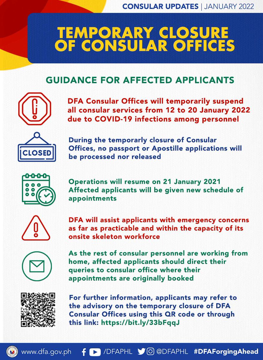 DFAPHL's tweet photo. #ConsularAdvisory: Consular Offices & TOPS will temporarily suspend operations from 12 to 20 January. Skeleton teams will process emergency cases only while the rest will work remotely for back-end operations. Please refer to these infographics for more information. https://t.co/p9TP6c3haY