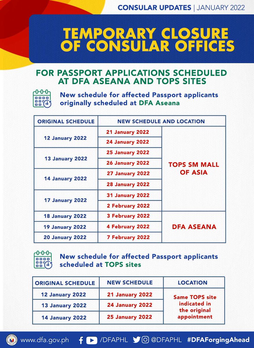 DFAPHL's tweet photo. #ConsularAdvisory: Consular Offices & TOPS will temporarily suspend operations from 12 to 20 January. Skeleton teams will process emergency cases only while the rest will work remotely for back-end operations. Please refer to these infographics for more information. https://t.co/p9TP6c3haY